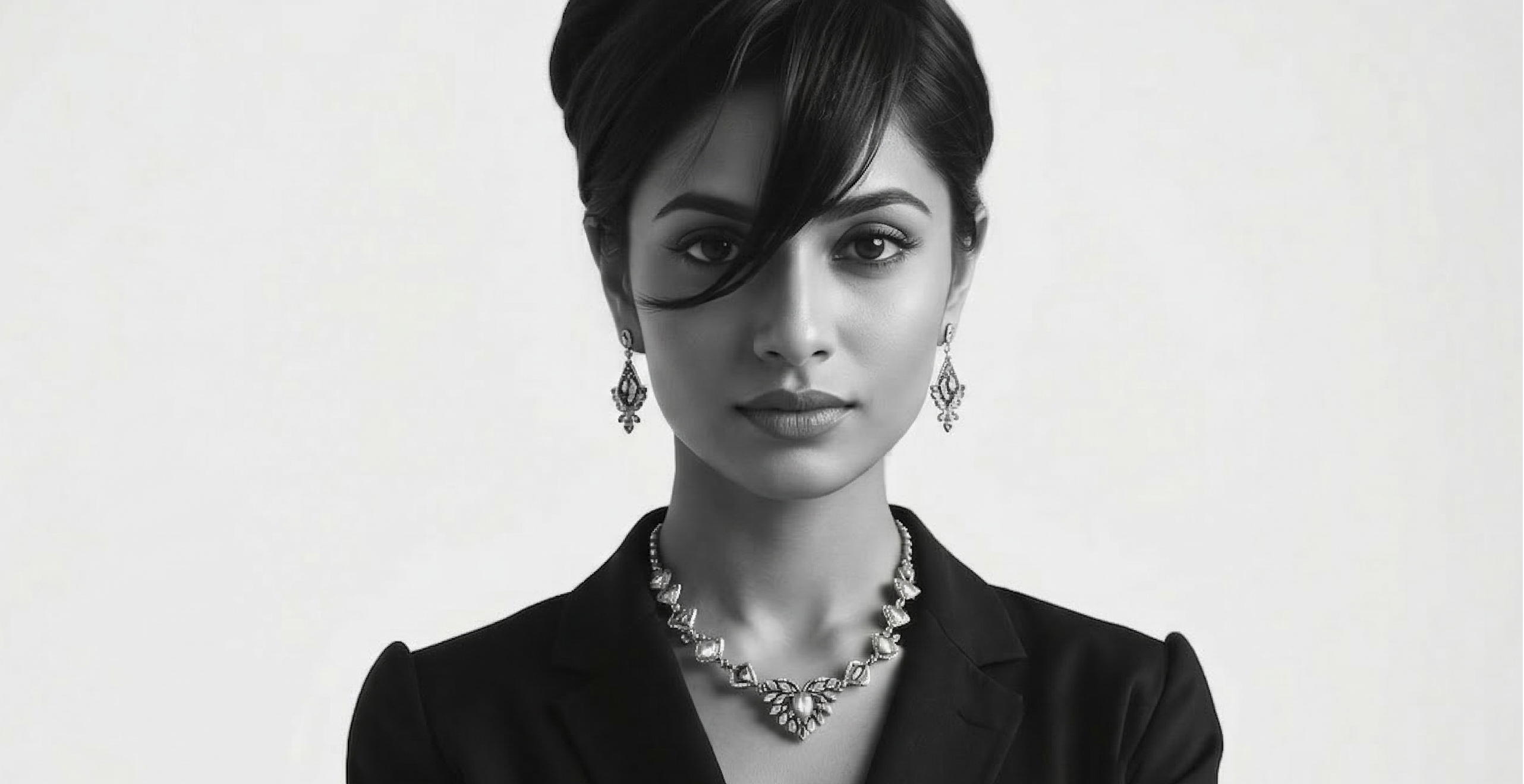 Indian businesswoman in black blazer wearing elegant artificial silver necklace and matching drop earrings, confident poised expression, clean white studio background, silver mirage collection by Yugavi