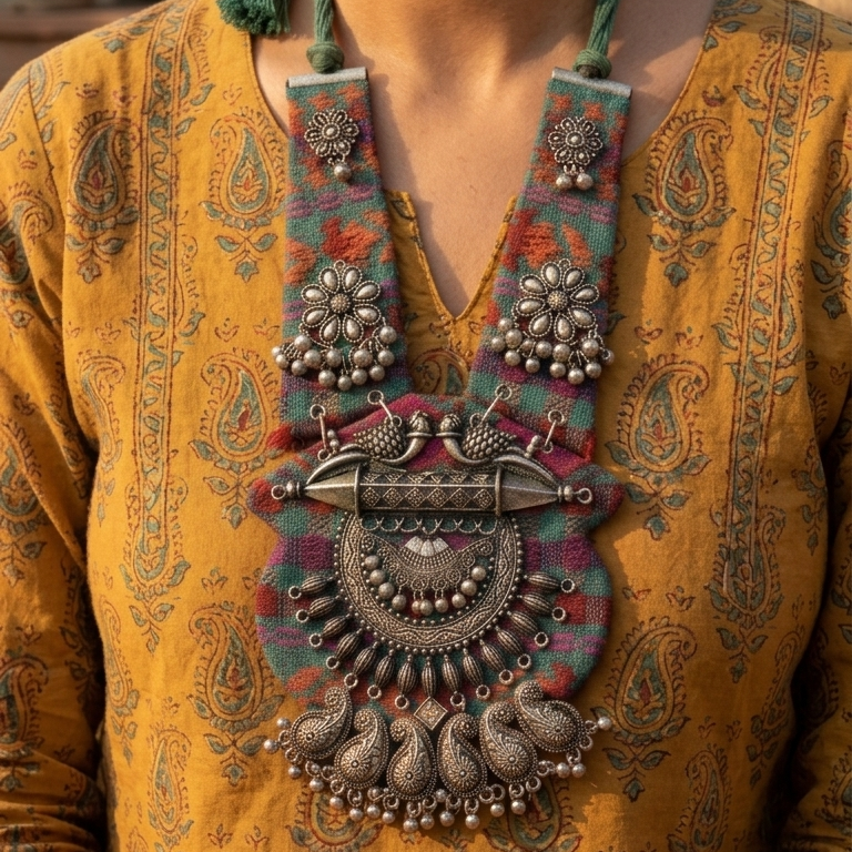 A close-up of a person wearing an ornate silver-toned statement necklace with a colorful paisley fabric bib and tassel, paired with a mustard yellow patterned top.