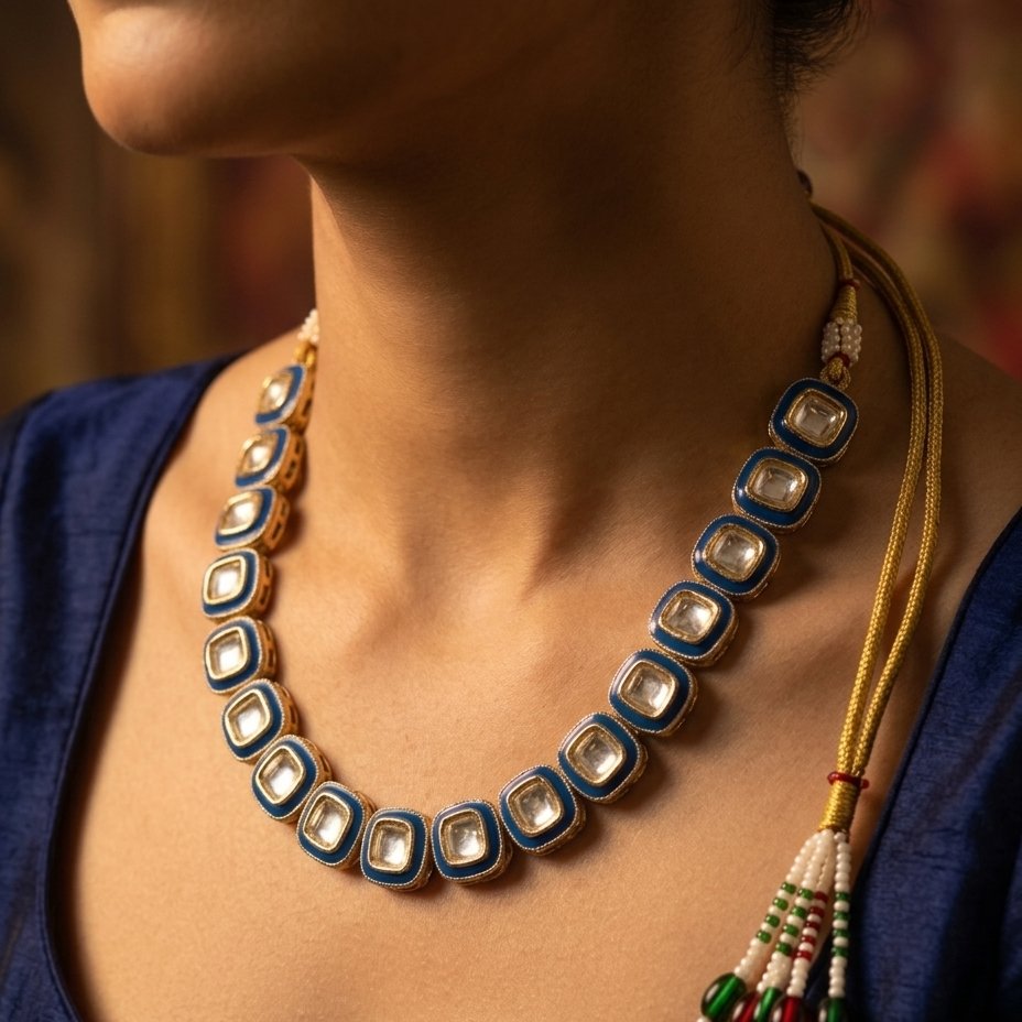 kundan polki rectangular necklace with royal blue meenakari enamel border and matching 4-stone cluster stud earrings on gold dori by House of Yugavi Kansyam