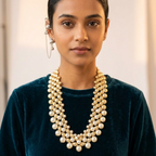 House of Yugavi Muktāvali boho pearl bib necklace — brushed gold textured beads with graduated ivory pearl drops, Indo-western jewellery