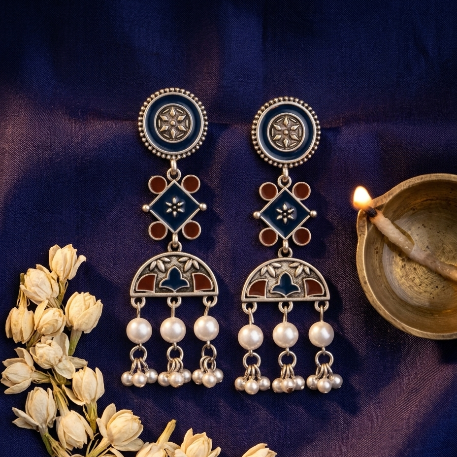 A pair of ornate silver-toned dangle earrings with dark blue enamel details, red accents, and dangling pearl-like beads, arranged on a dark purple fabric with white flowers and a lit diya.