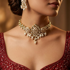An ornate gold-toned choker necklace with white pearl-like drops, shown worn on a model's neck. Matching drop earrings are partially visible, and the model wears a deep red embellished top against a softly blurred warm brown background.