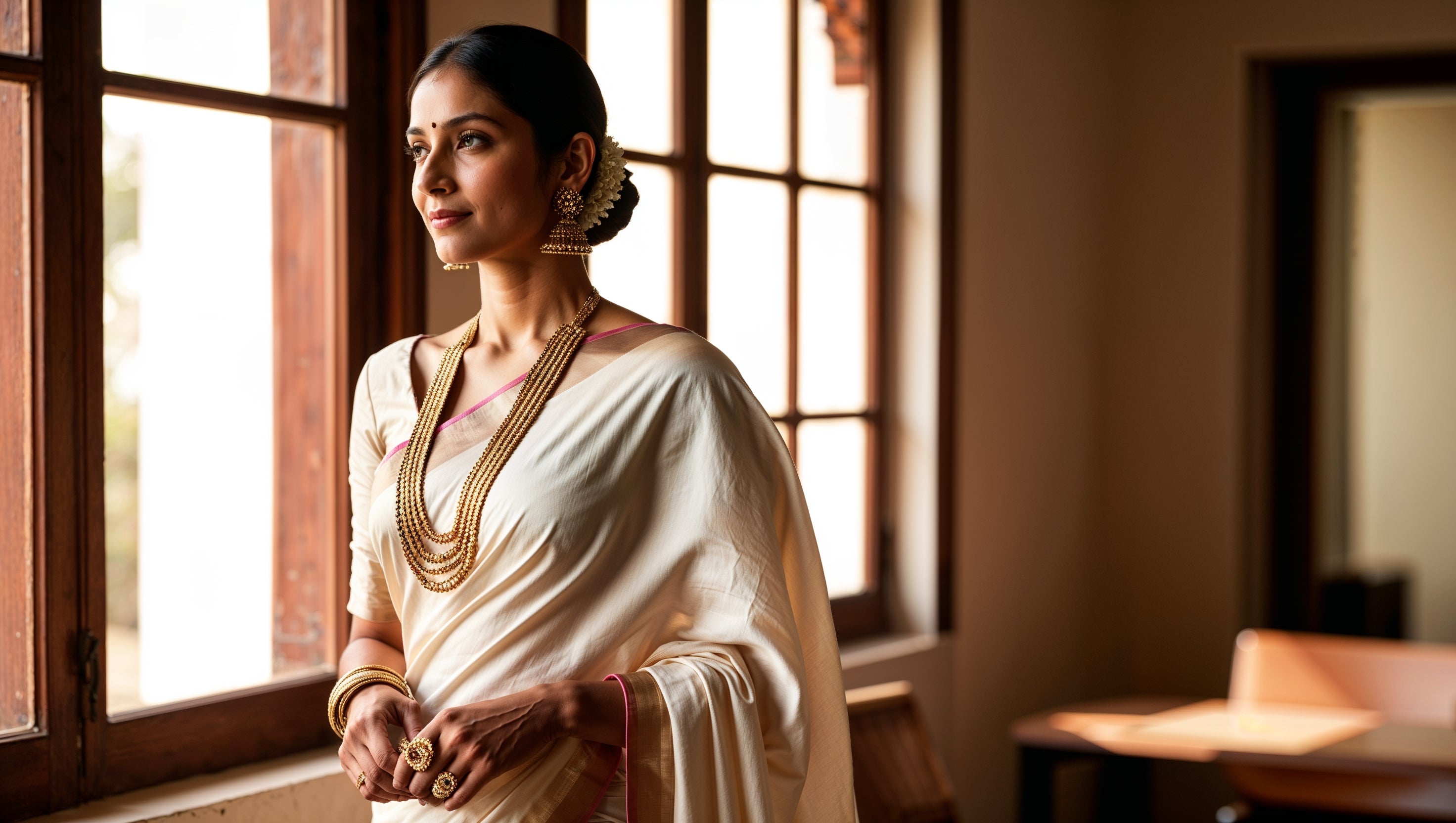 Indian woman in ivory silk saree with bindi and jasmine hair, wearing traditional multilayer brass gold necklace and jhumka earrings, standing by heritage window in warm light, Kansyam collection by Yugavi