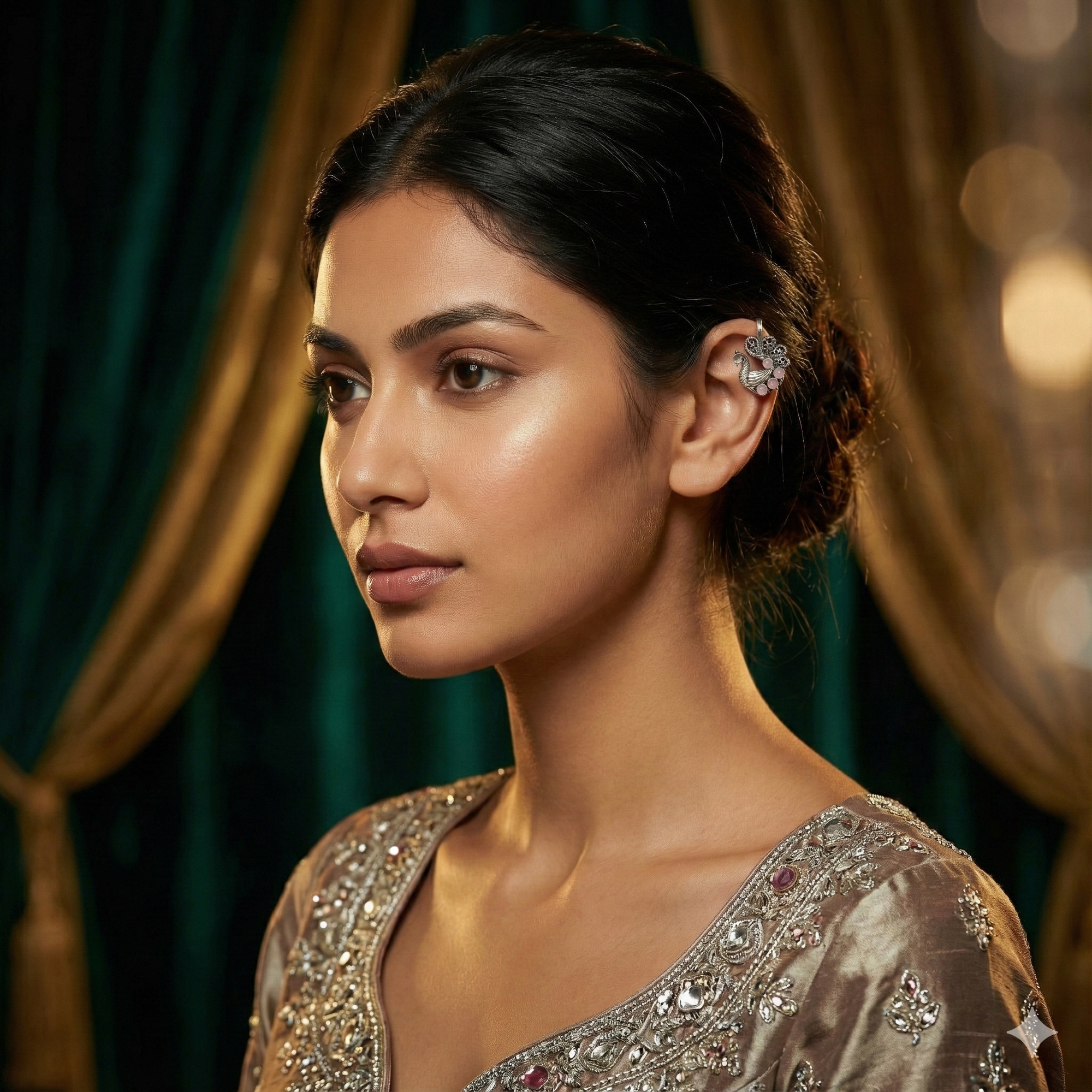 Woman wearing an ornate, embroidered garment with a blurred curtain background