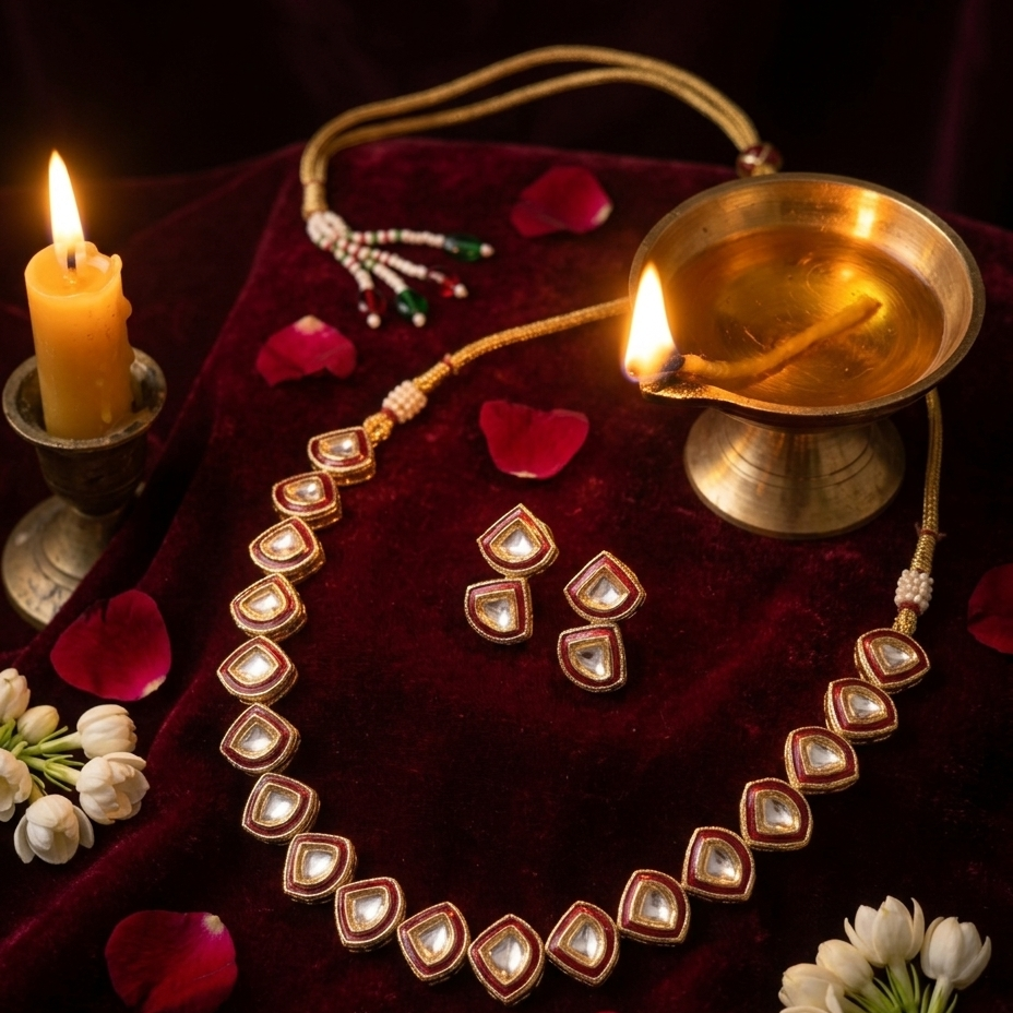 Khaṇḍakī graduated kite shield kundan polki necklace with ruby red meenakari enamel borders on gold dori and matching 4-stone shield cluster stud earrings by House of Yugavi Kansyam