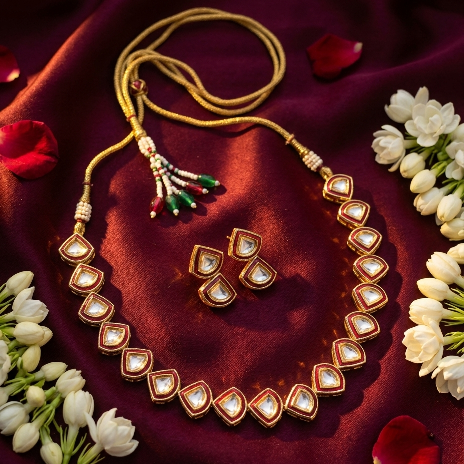 Khaṇḍakī graduated kite shield kundan polki necklace with ruby red meenakari enamel borders on gold dori and matching 4-stone shield cluster stud earrings by House of Yugavi Kansyam