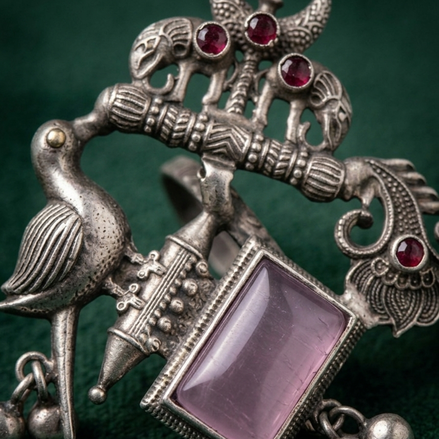 Left figure detail of Yugavi Gopuram pendant — tall standing sarus crane in fine feather-line oxidised silverwork with long curved neck, two small pearl drops hanging from base, Indian devotional bird motif jewellery