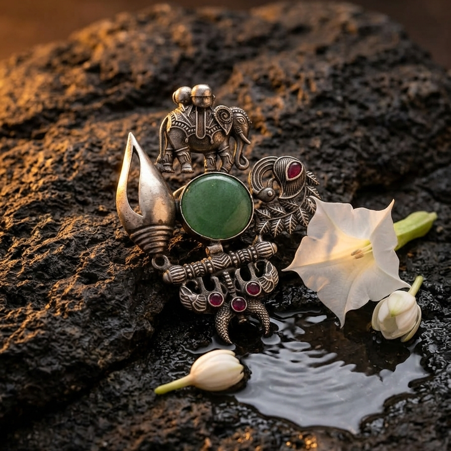 Lifestyle fashion photograph. A woman in a plain ivory or white cotton kurta wearing the Yugavi Shaambhu oxidised silver Shiva pendant on a long silver chain — the full composition (elephant, trishul, peacock, jade stone, damaru, crescent) clearly visible against the white fabric. Background: warm sandstone temple wall or carved stone arch. Natural daylight. The pendant is the sole statement piece — no other jewellery. Colour palette: ivory fabric, antique silver pendant, jade green stone, warm sandstone, n