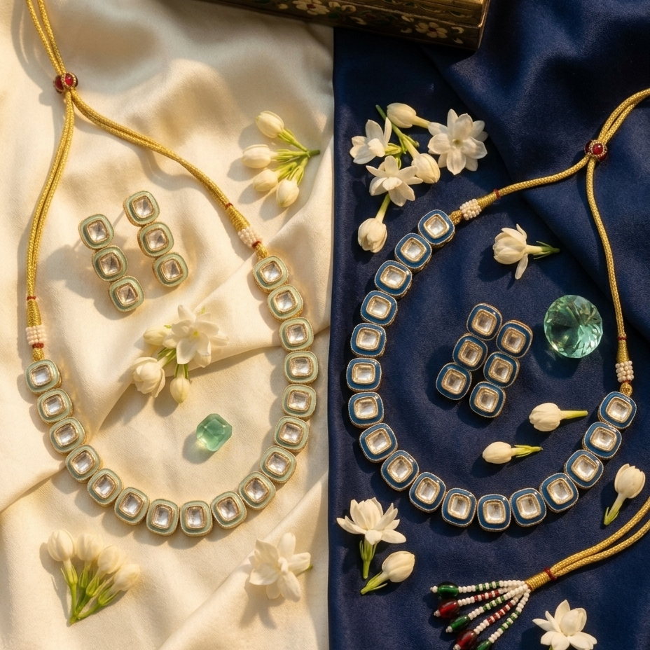 Maṇipaṭṭa Indigo graduated kundan polki rectangular necklace with royal blue meenakari enamel border and matching 4-stone cluster stud earrings on gold dori by House of Yugavi Kansyam