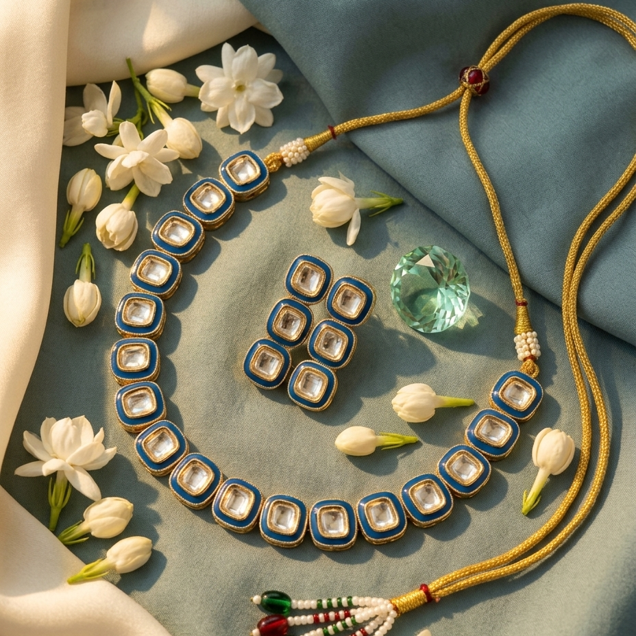 House of Yugavi lki necklace set — royal blue meenakari framed polki stones in graduated row, gold dori with bead connectors and matching cluster earrings, festive jewellery India