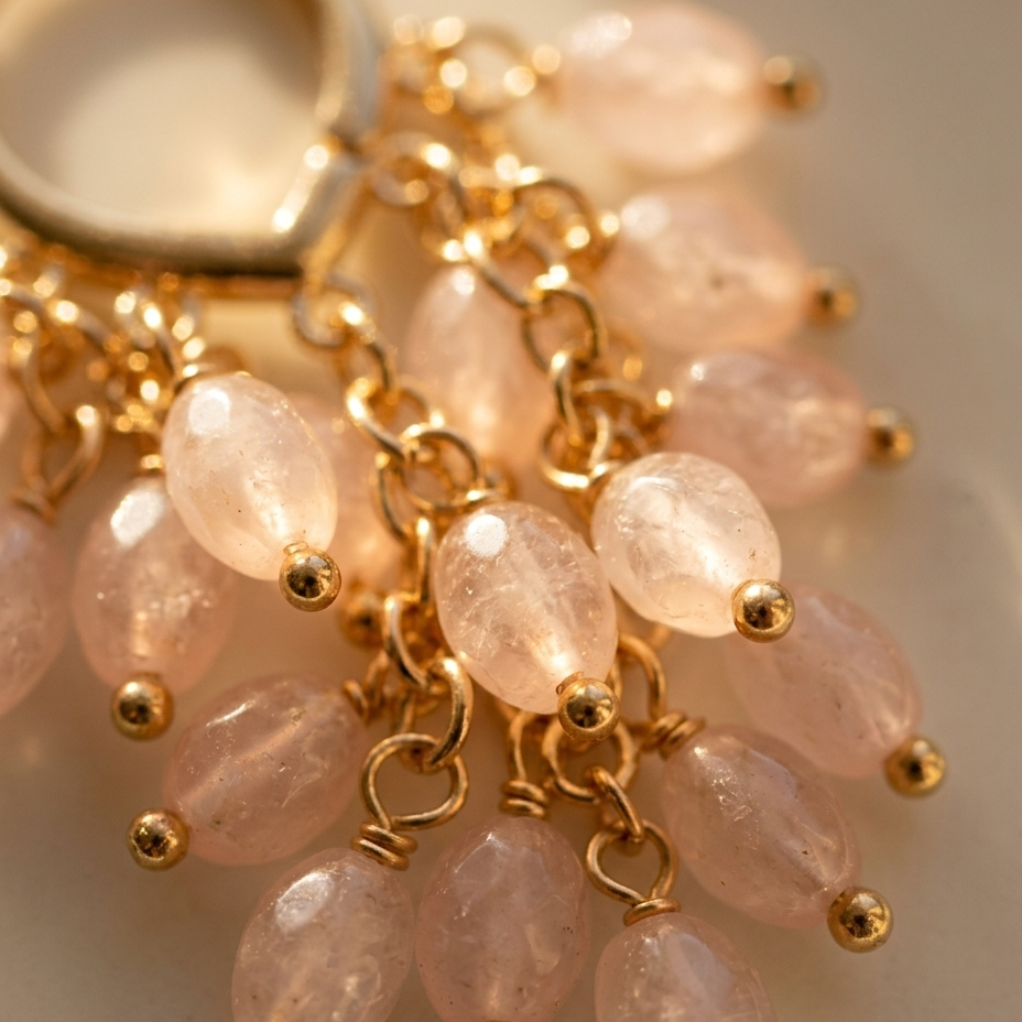 A close-up of a gold-tone keyring with multiple dangling chains and oval pale pink stone beads, photographed on a warm beige background.