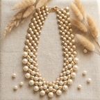 Muktāvali graduated pearl and brushed gold bead multi-row bib necklace by House of Yugavi Boho collection, flat lay on green velvet