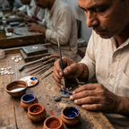 A close-up of a craftsman's hands painting a small silver metal pendant on a rustic wooden workbench, surrounded by small clay pots of paint and other jewelry-making tools, with other artisans working in the background.