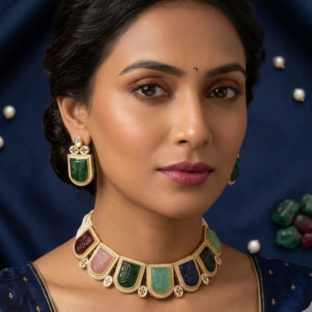 A woman wearing an ELARA brand gold-plated choker necklace with multicolored stone inlays and matching drop earrings, set against a dark blue satin fabric background.