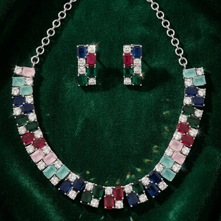 A silver-tone necklace and matching earrings set with rectangular multicolor gemstones, displayed on a dark green velvet surface.