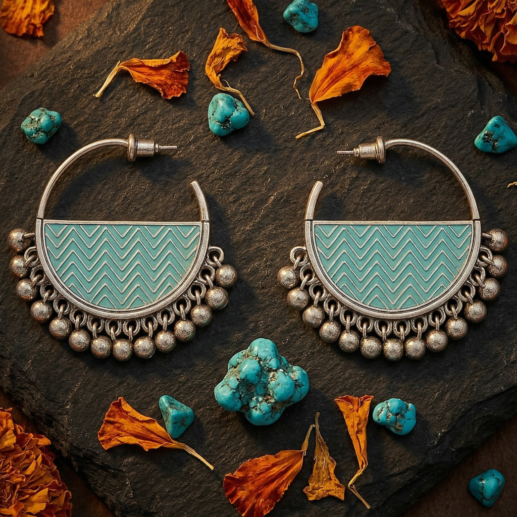 Oxidised silver hoop earrings with turquoise enamel semicircular panel featuring chevron pattern and hanging ghungroo bead drops