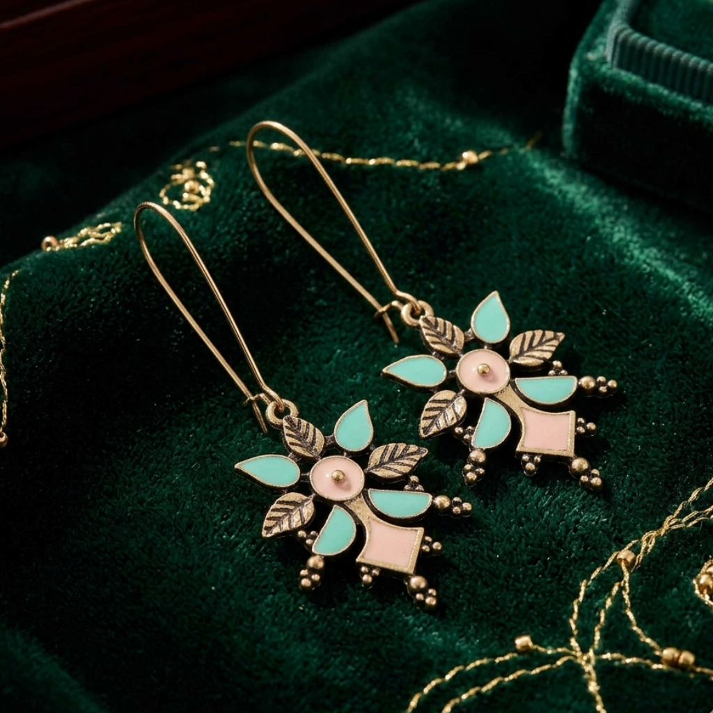 Pastel green and blush pink floral drop earrings with antique gold finish and leaf design by 