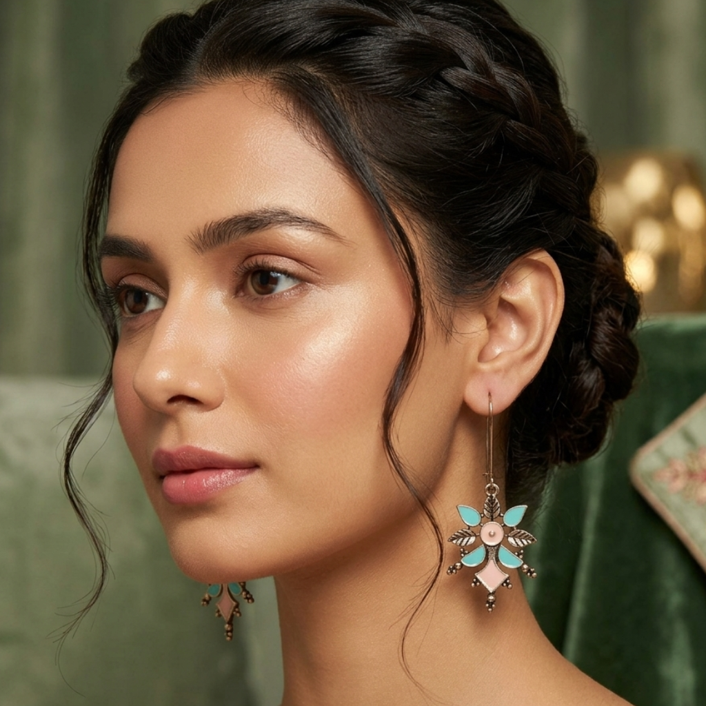 Pastel green and blush pink floral drop earrings with antique gold finish and leaf design by Yugavi