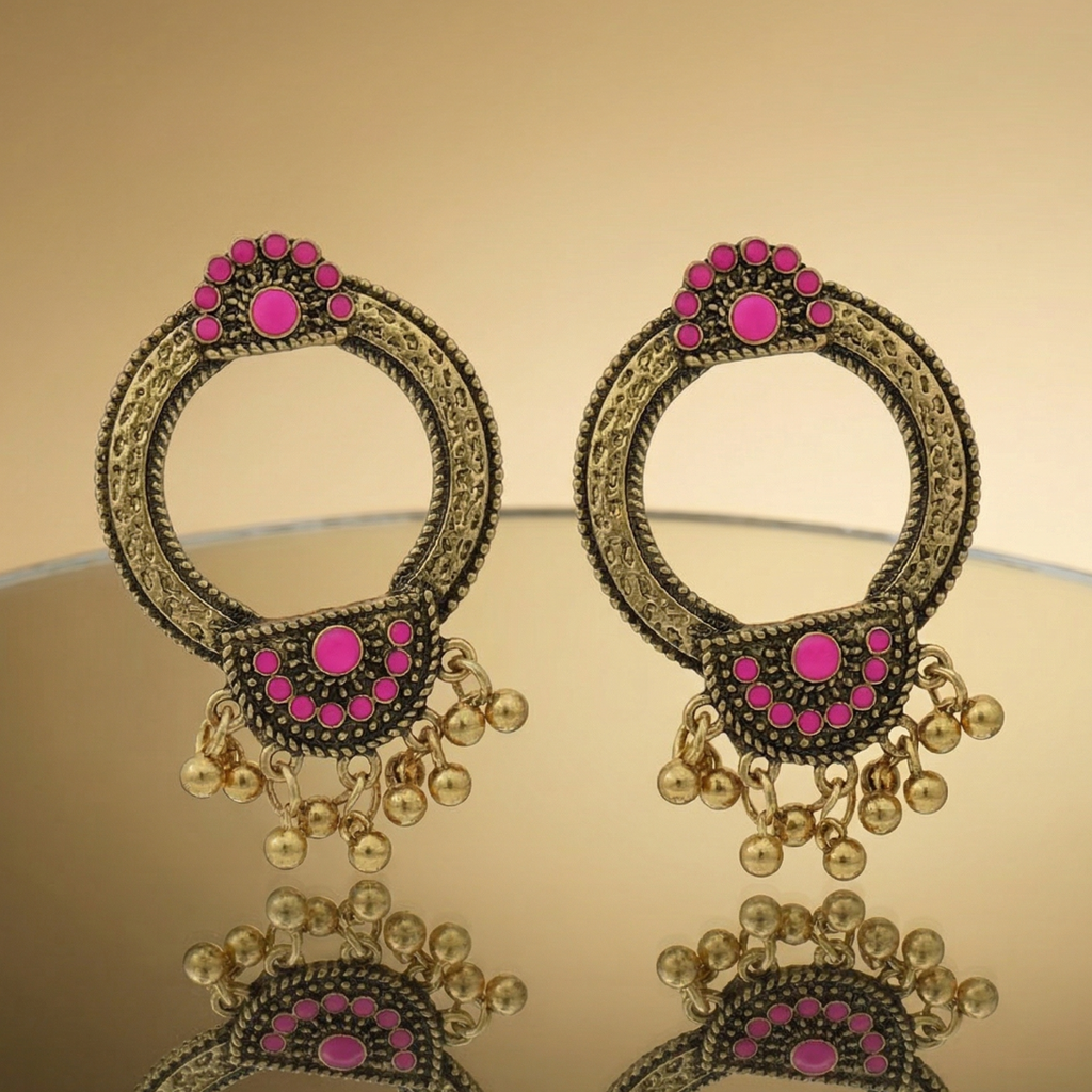 Pink and antique gold circular chakra earrings with dangling beads by Yugavi