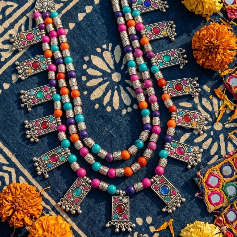 A vibrant, multi-strand beaded necklace with silver-toned geometric charms and colorful beads, styled on a dark blue patterned fabric with orange marigold flowers.