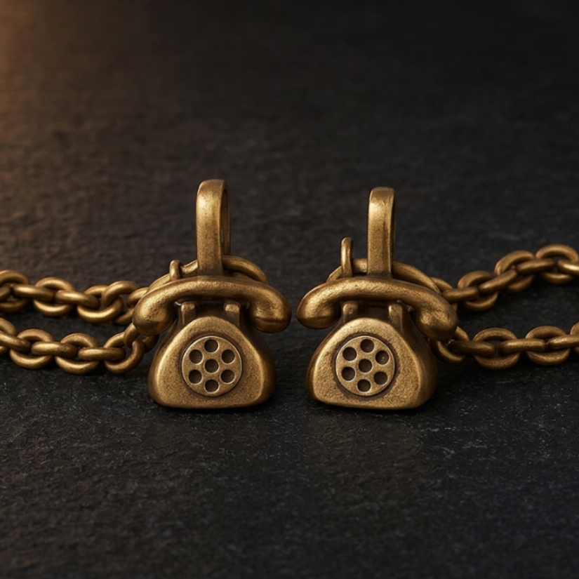 Two bronze phone-shaped pendants on chains against a dark background