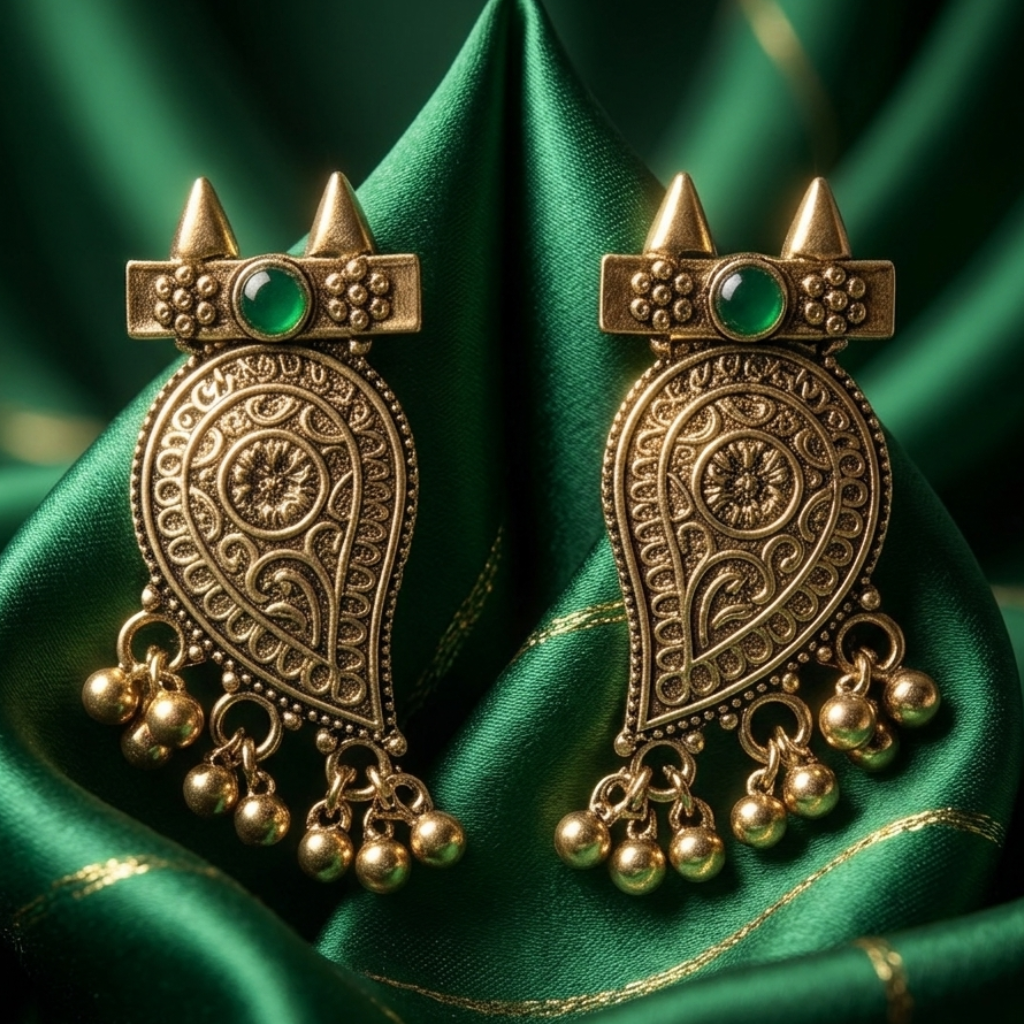 Rosira antique gold paisley earrings with green stone and ghungroo drops