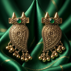 Rosira antique gold paisley earrings with green stone and ghungroo drops
