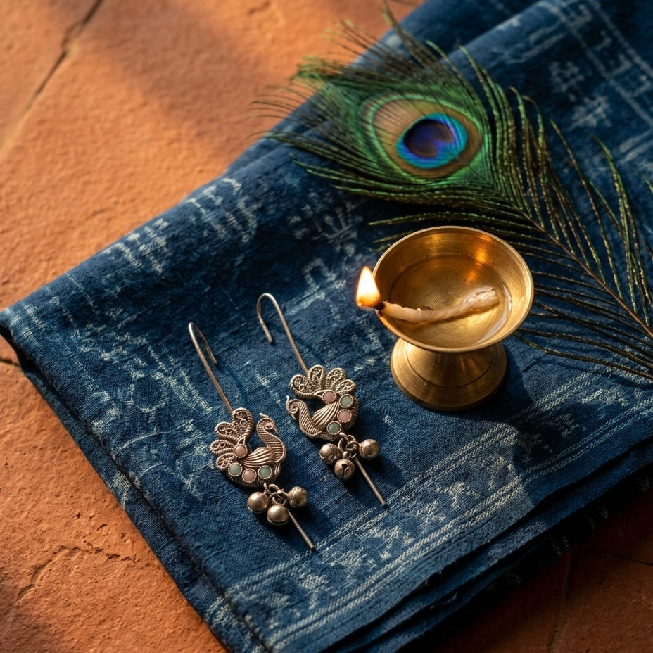Silver-toned peacock-themed dangle earrings displayed on a folded indigo blue patterned fabric next to a brass diya, with a peacock feather resting on top, set on a terracotta surface.