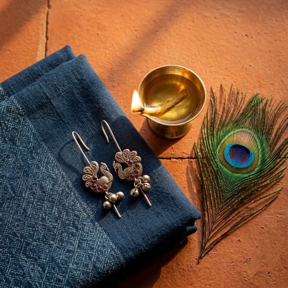 Silver-toned peacock drop earrings with red and green stone accents, displayed on a folded dark blue textile alongside a brass oil lamp and a peacock feather on a terracotta surface.