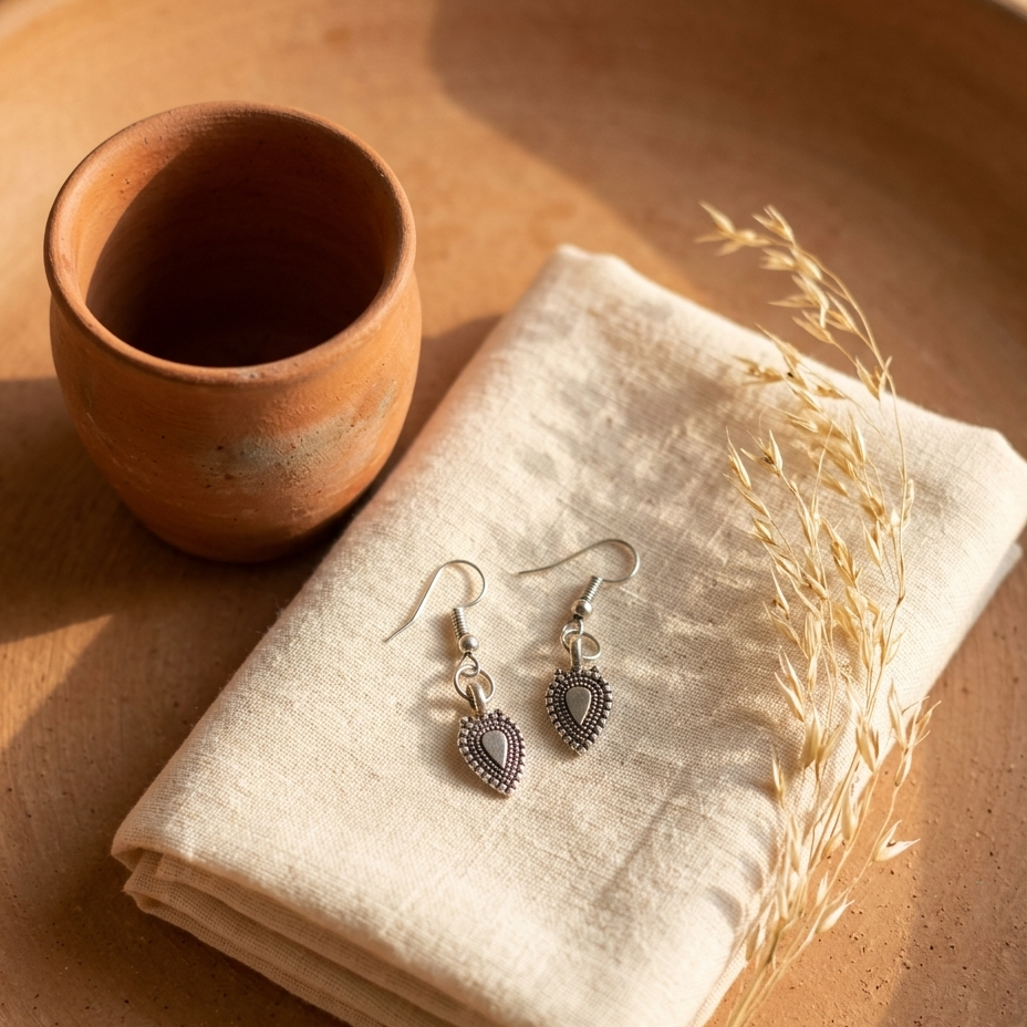 Silver heart-shaped dangle earrings with dark inlay details, displayed on a folded cream linen cloth next to a terracotta cup and dried grass on a matching terracotta surface.