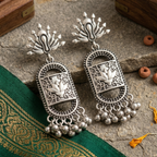 Silver lotus motif earrings with intricate traditional detailing