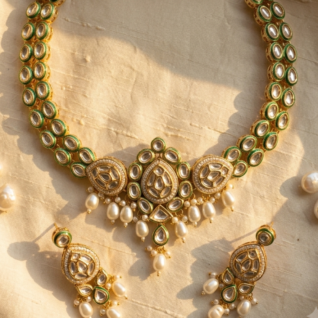 Gold-toned traditional jewelry set with a necklace and matching earrings, featuring green stone accents and white pearl-like drops, arranged on a textured beige fabric background with a few loose pearls nearby.