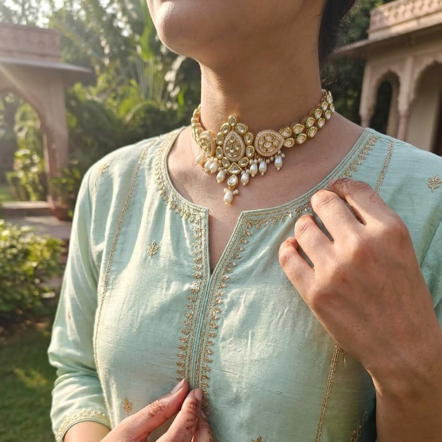A woman wearing a light mint green embroidered kurta and a gold-toned traditional choker necklace with pearl-like drops, photographed outdoors in a garden setting.