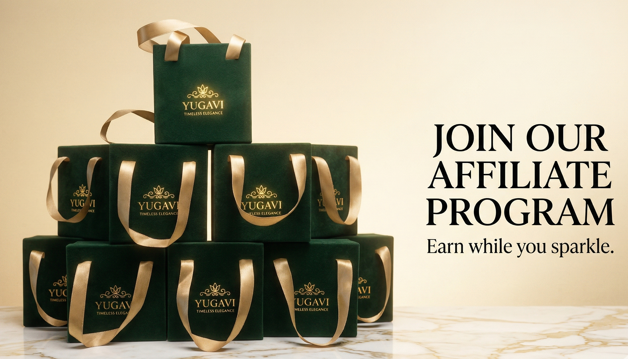 Stack of green YUGAVI gift boxes with a promotional message on a beige background