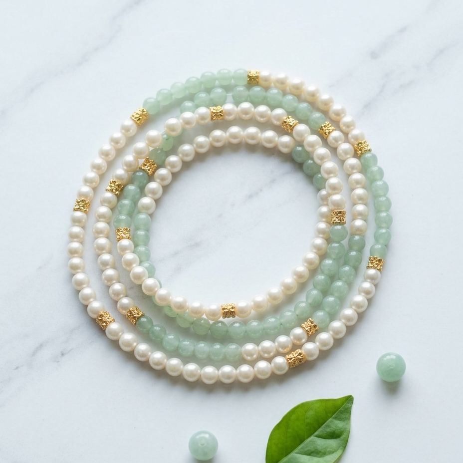 Three beaded bracelets arranged in concentric circles on a white marble surface. The bracelets feature white pearls, light green jade-like beads, and small gold star-shaped spacers.