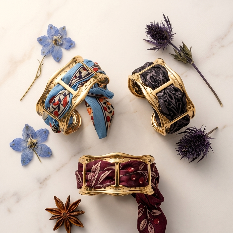 Three gold-tone cuff bracelets with patterned silk neckties are arranged on a white marble surface with dried flowers and star anise. The neckties feature blue, black, and burgundy botanical prints.
