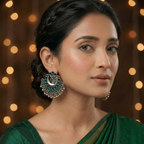 Traditional peacock motif earrings with green enamel and bead fringe