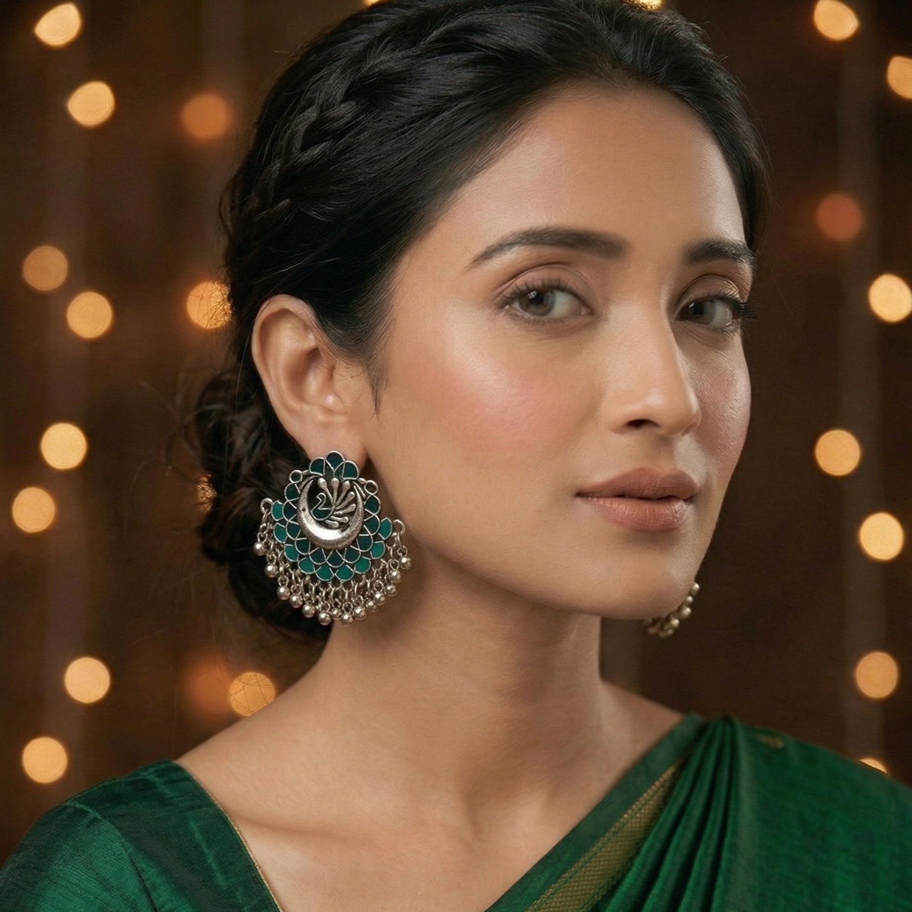 Traditional peacock motif earrings with green enamel and bead fringe