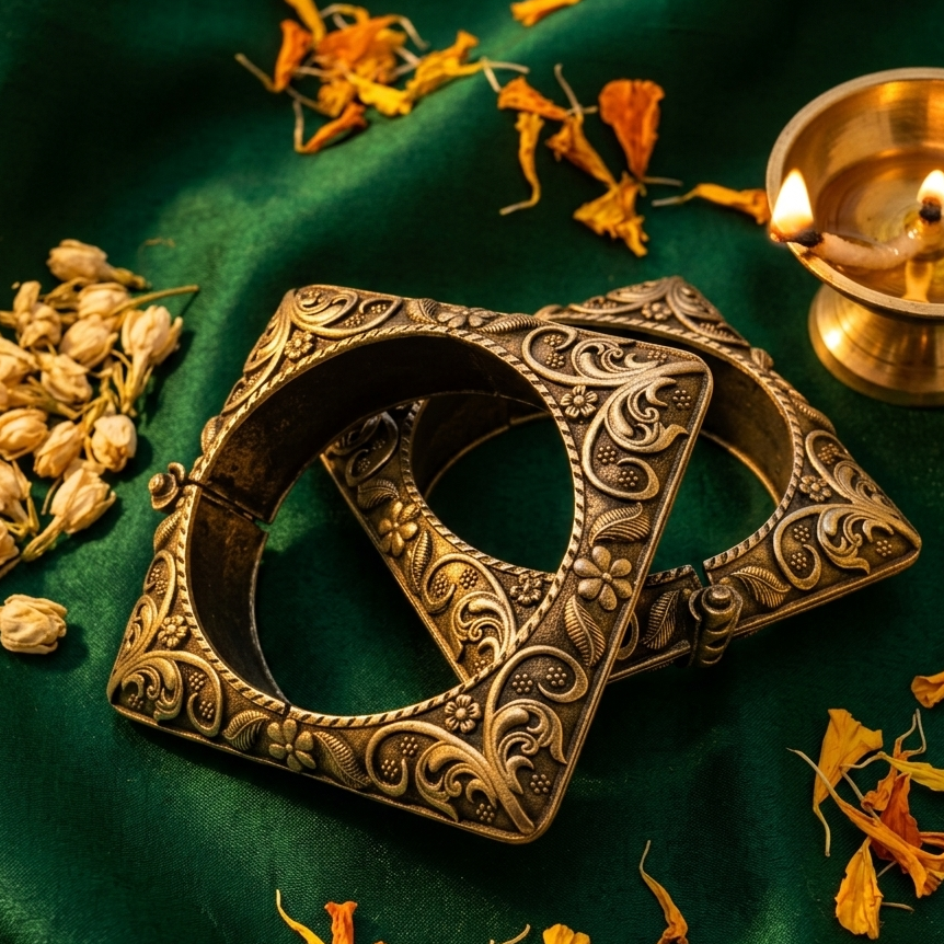 Two ornate antique-style bronze rings with intricate floral engravings, displayed on a dark green satin fabric with dried orange flowers and a brass diya in the background.