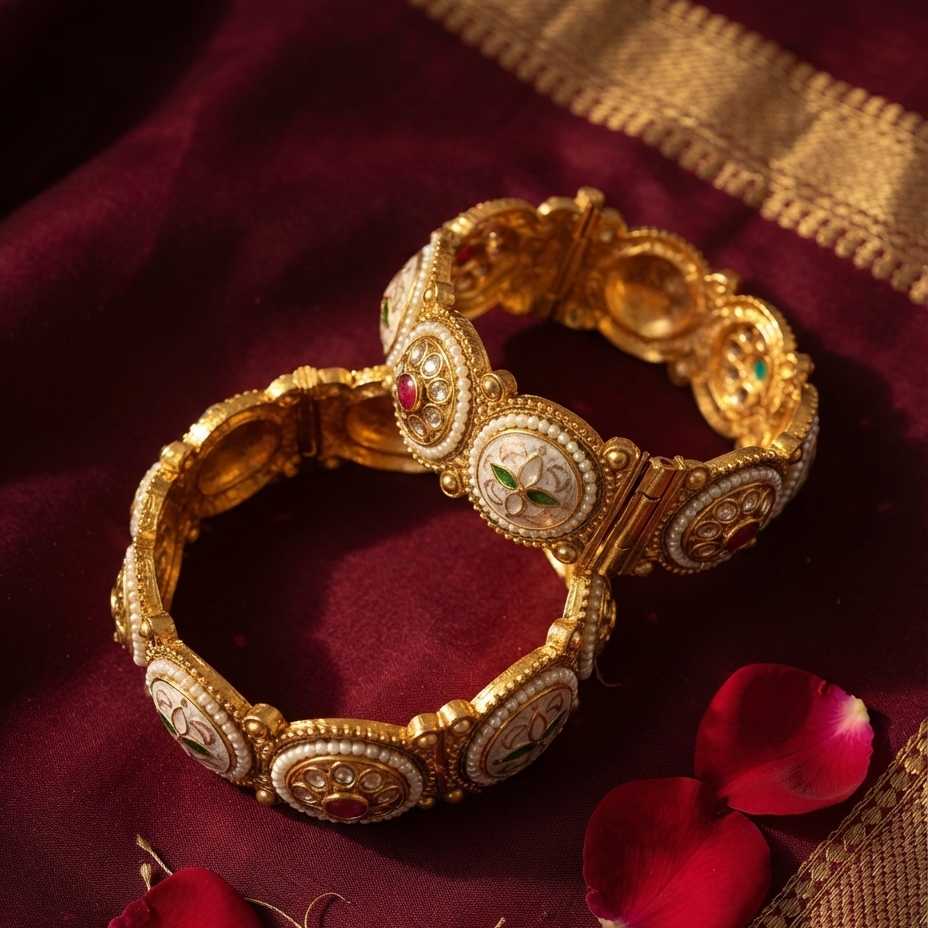 Two ornate gold bangles with white enamel inlays and red gemstone accents, arranged on a deep maroon fabric with gold border trim and scattered red rose petals.