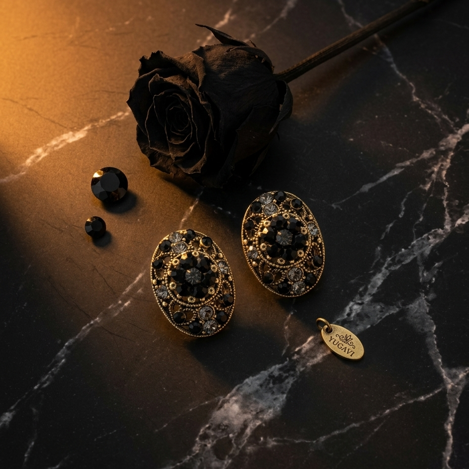 Two ornate oval gold earrings with black and clear gemstone detailing are arranged on a dark marble surface beside a black rose, small black beads, and a gold tag.