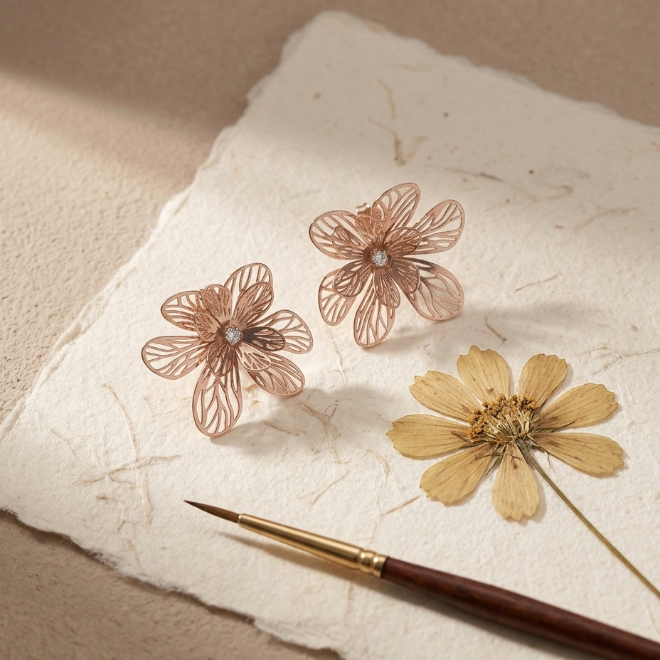 Two rose gold wire flower earrings with small pearl centers are displayed on a piece of textured handmade paper next to a dried flower and a paintbrush.