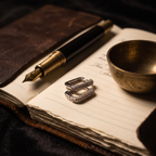 Two silver-toned rectangular rings with textured, diamond-like detailing rest on an open lined notebook. A black and gold fountain pen lies on the notebook page, alongside a small brass bowl, all set against a dark fabric background.