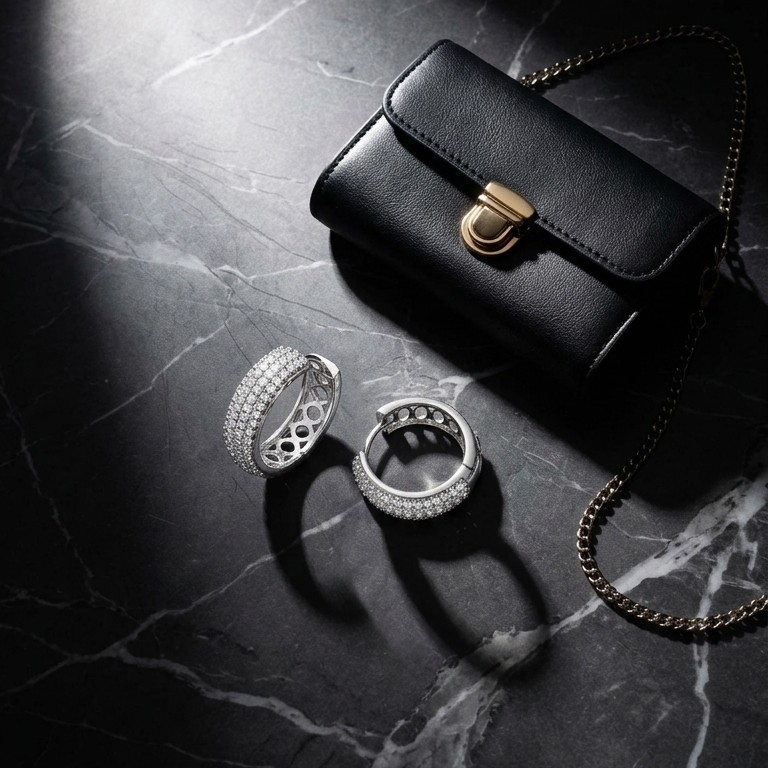 Two silver rings with diamond-like embellishments are displayed on a dark marble surface next to a small black leather handbag with a gold clasp and chain strap, under dramatic spotlighting.