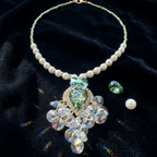 Uṣā aurora borealis crystal cluster pendant necklace with pyrite pearl chain and green mosaic teardrop CZ halo centre by House of Yugavi Crystal Edit, dark background product shot
