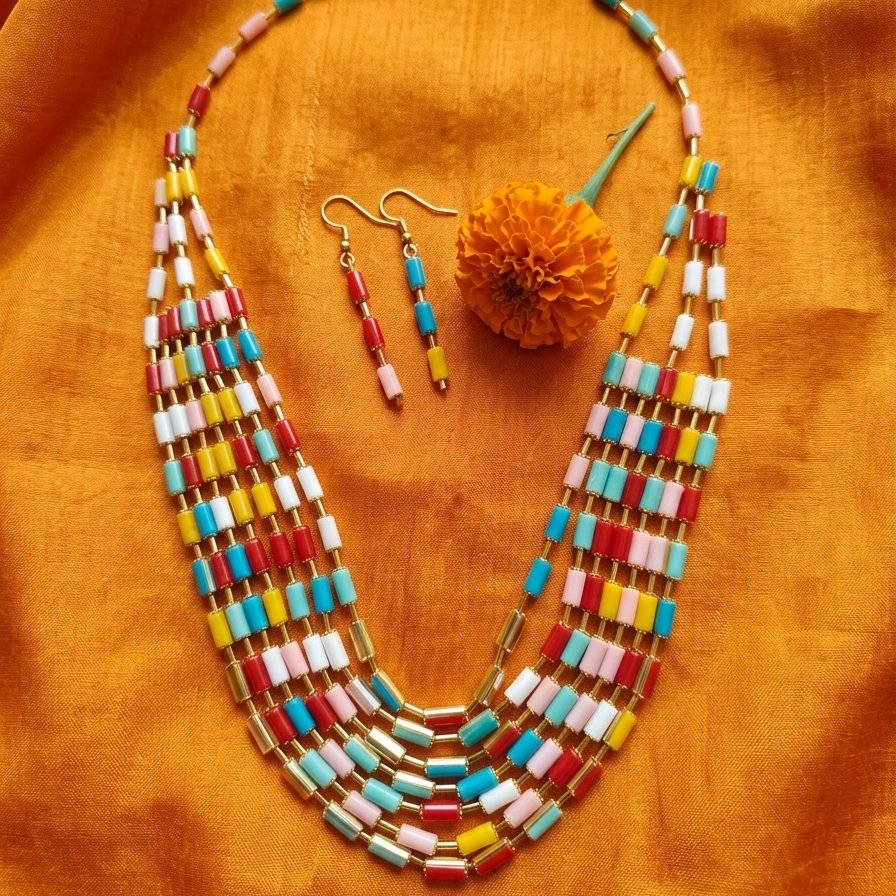 Varnāvali multicolour enamel ladder-link necklace and earring set in gold tone by House of Yugavi Kansyam, flat lay on green velvet