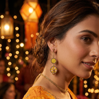 Woman wearing Yugavi Ishnavi mustard yellow and blush pink enamel double disc drop earrings — gold bead border discs with geometric upper disc and chakra wheel lower disc, styled with white fabric for everyday or festive wear