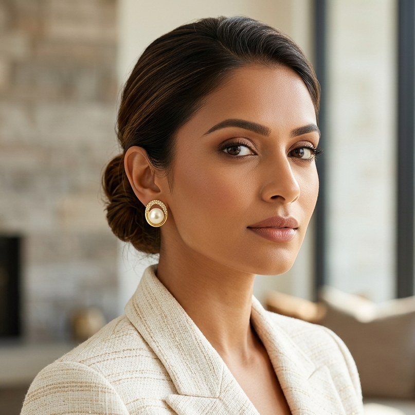 Woman in a beige blazer in a modern living room