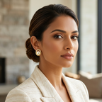 Woman in a beige blazer in a modern living room