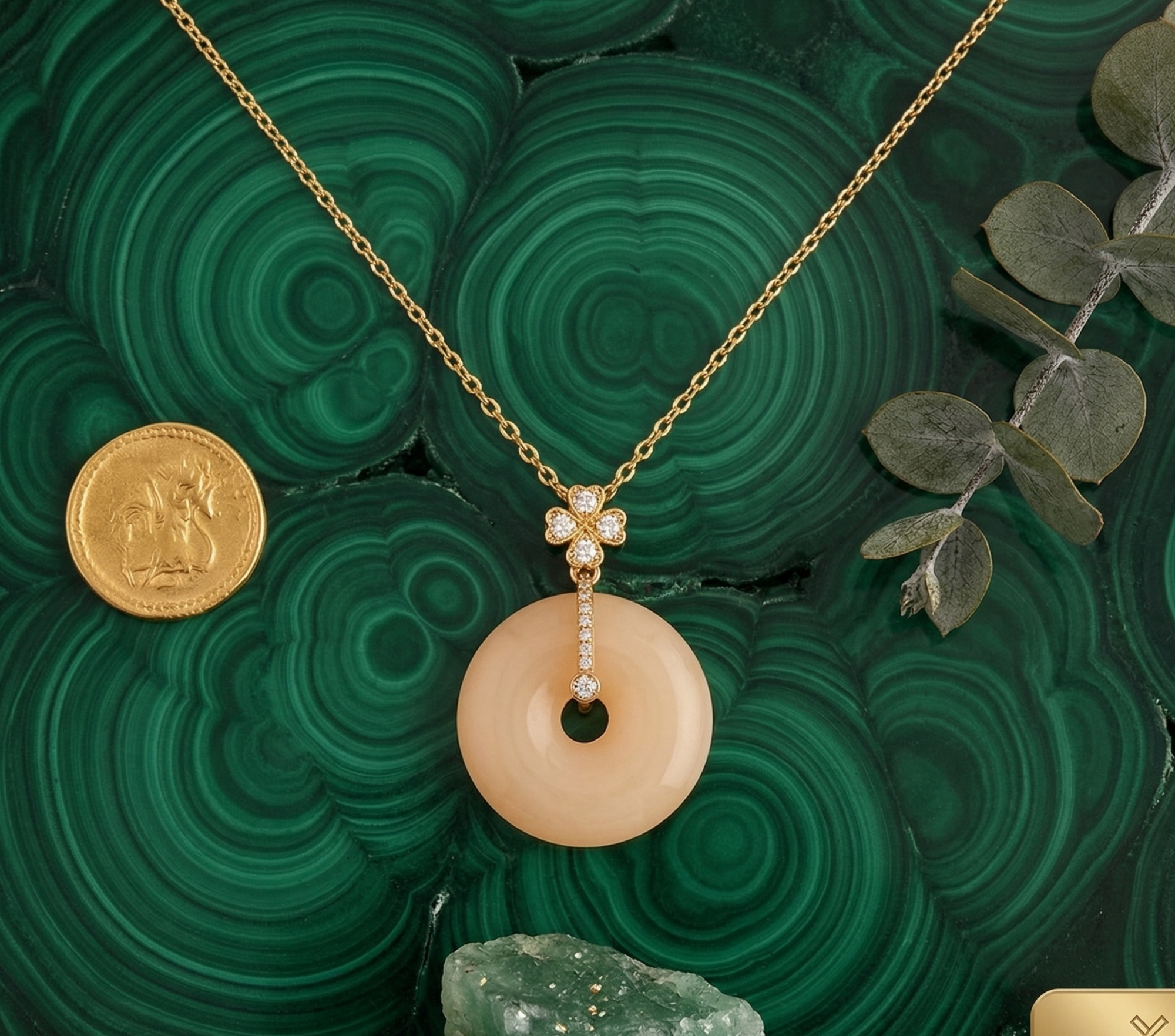 Yugavi Aarna Necklace flat lay — ivory disc pendant necklace in gold with zirconia accents — Sacred Circle Collection 